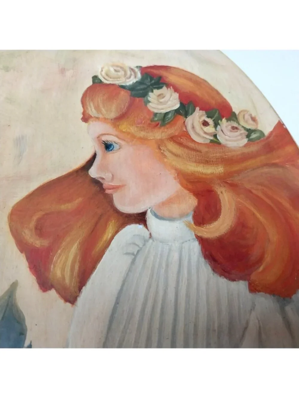 Hand-Painted Wooden Oval Storage Box Folk Art Victorian Lady Roses 1993